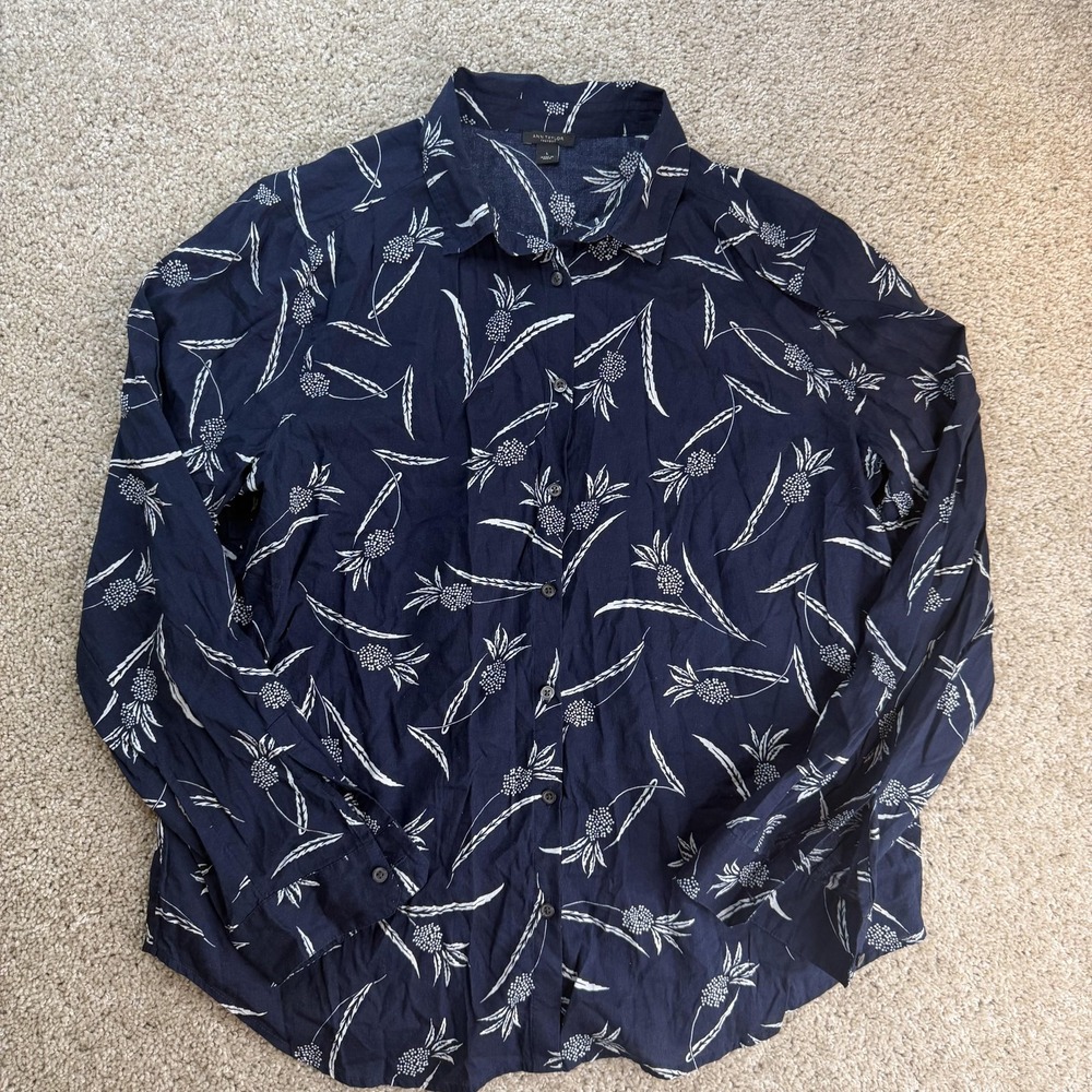 Ann Taylor Factory Shirt Womens L Blue Floral Button Up Long Sleeve Top Casual